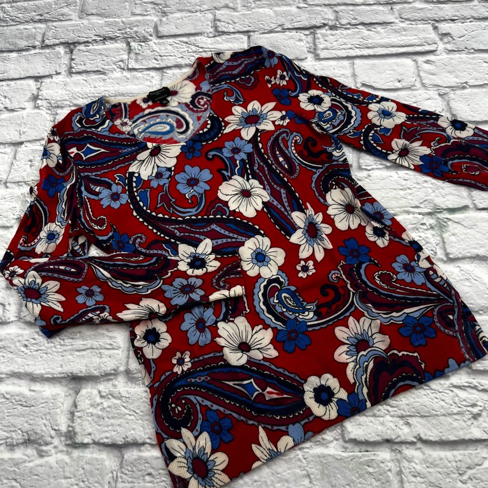 Talbots Petite Red Blue Floral Paisley Merino Wool Sweater Top SP Long Sleeve